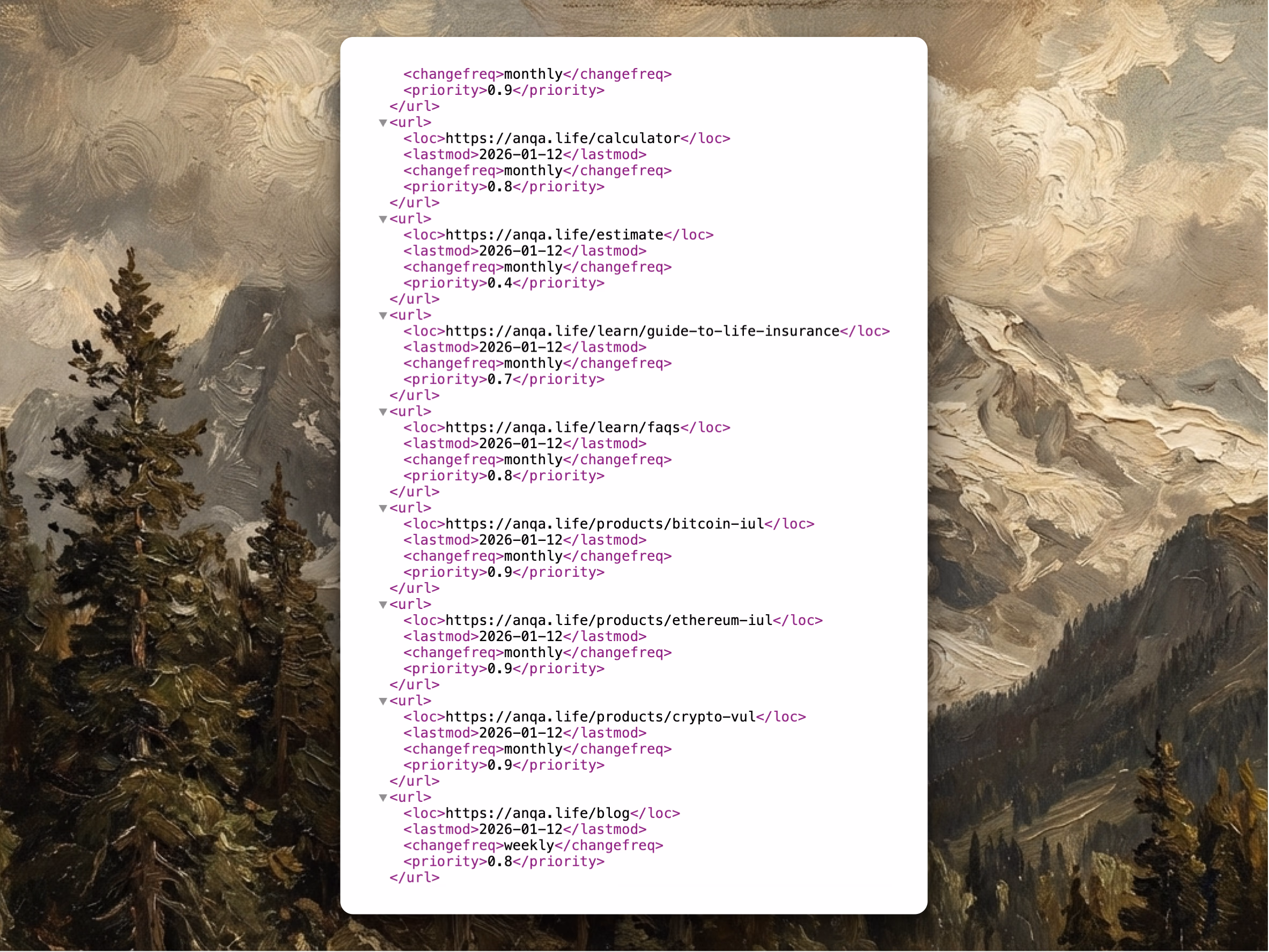 Anqa Life sitemap showing structured pillar pages for Bitcoin IUL, Ethereum IUL, and other key pages